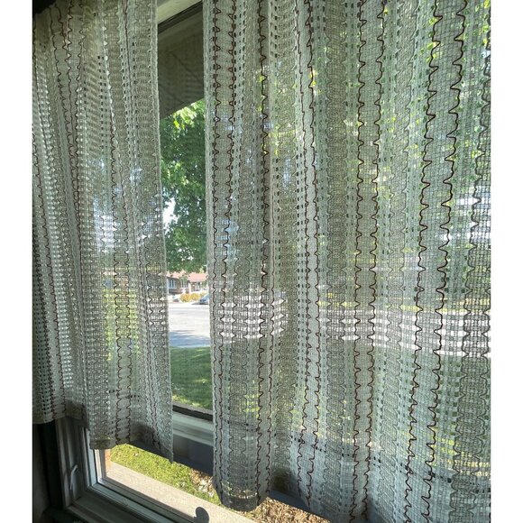 Vintage 70s mesh curtains, beige, red, brown striped net woven panels, pair - Picture 2 of 10